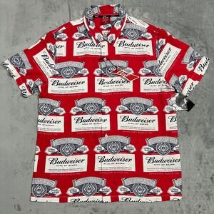 HUF Budweiser Beer Button Up Shirt Mens‎ M Red White Rayon Summer All Over Print
